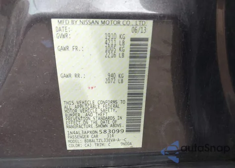 2013 Nissan Altima 2.5 Sv из США, поврежденный, VIN 1N4AL3APXDN583099